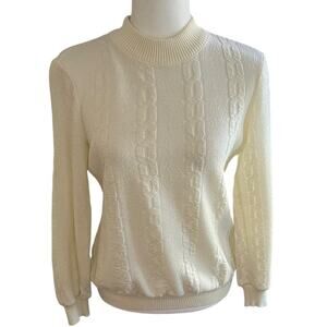 Vintage Bay Harbour Cable Knit Mock Neck Sweater Cream Zip Back USA S
